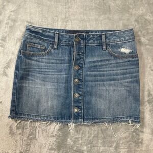 Hollister Womens Mini Skirt Size 1 W25 Blue Denim Button Front Raw Hem